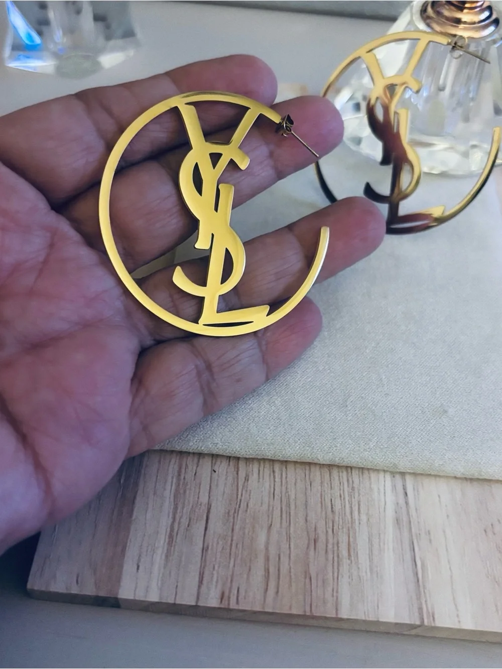 Gold filled Monogram Hoop Earrings - Designer-Inspired Home Accent Display